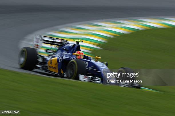 Felipe Nasr of Brazil driving the Sauber F1 Team Sauber C35 Ferrari 059/5 turbo on track during practice for the Formula One Grand Prix of Brazil at...