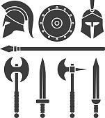 Weapons and armor of the Spartans. Swords and axes set