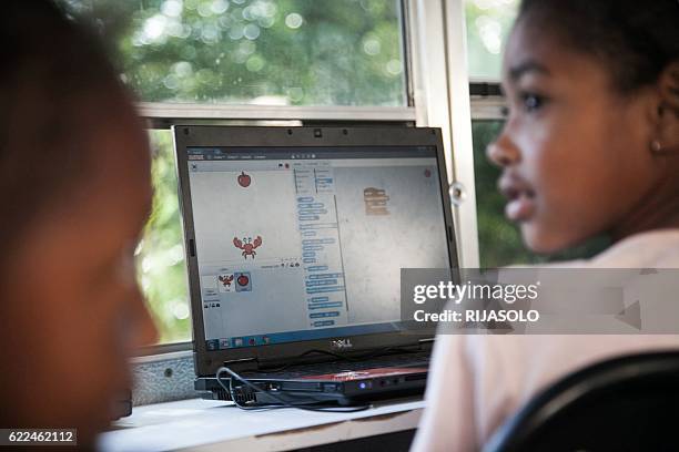Malagasy children aged 7 to 13 learn how to code on the CODER bus on September 24, 2016 in Antananarivo. This project was created in October 2015 by...