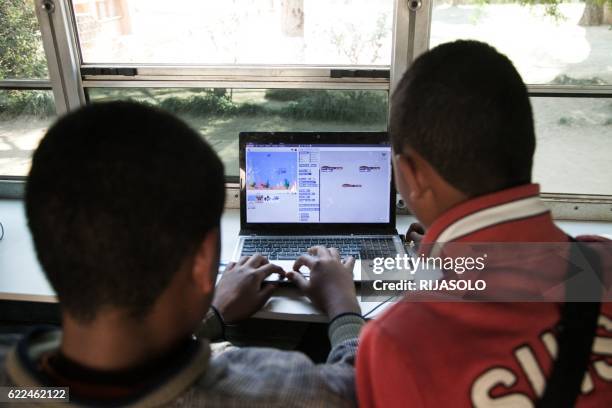 Malagasy children aged 7 to 13 learn how to code on the CODER bus on September 24, 2016 in Antananarivo. This project was created in October 2015 by...