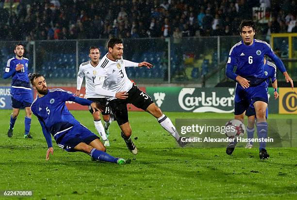 Jonas Hector of Germany scores the 3rd goal over Fabio Vitaloli of San Marino during the FIFA 2018 World Cup Qualifier between San Marino and Germany...