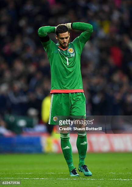 Craig Gordon of Scotland reacts during the FIFA 2018 World Cup qualifying match between England and Scotland at Wembley Stadium on November 11, 2016...