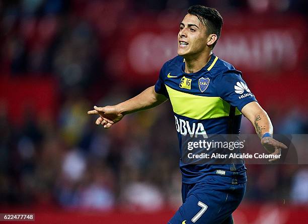 Cristian Pavon of Boca Juniors celebrates after scoring during the match between Sevilla FC vs Boca Juniors as part of the friendly match "Trofeo...