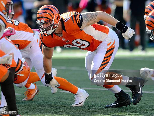 Defensive end Margus Hunt of the Cincinnati Bengals rushes off the line of scrimmage during a game against the Cleveland Browns on October 23, 2016...