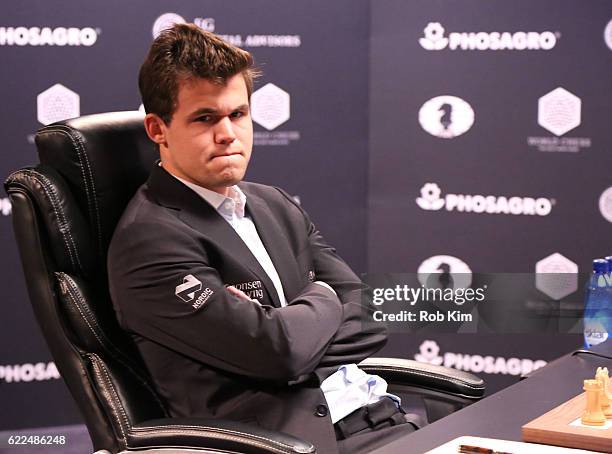 The first move for Reigning Chess Champion Magnus Carlsen during the game against Chess grandmaster Sergey Karjakin at 2016 World Chess Championship...