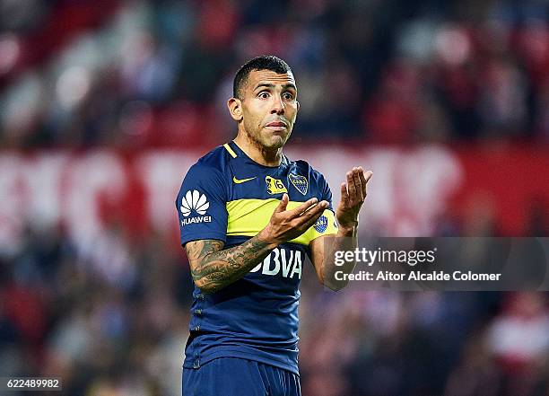 Carlos Tevez of Boca Juniors reacts during the match between Sevilla FC vs Boca Juniors as part of the friendly match "Trofeo Antonio Puerta" at...