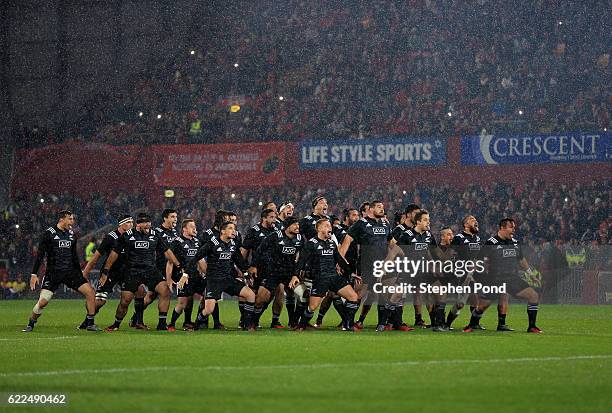 The Maori All Blacks perform a Haka before the friendly match between Munster and Maori All Blacks at Thomond Park on November 11, 2016 in Limerick,...