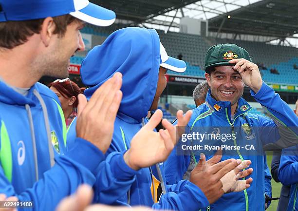 Callum Ferguson of Australia is presented his Baggy Green Cap during day one of the Second Test match between Australia and South Africa at...