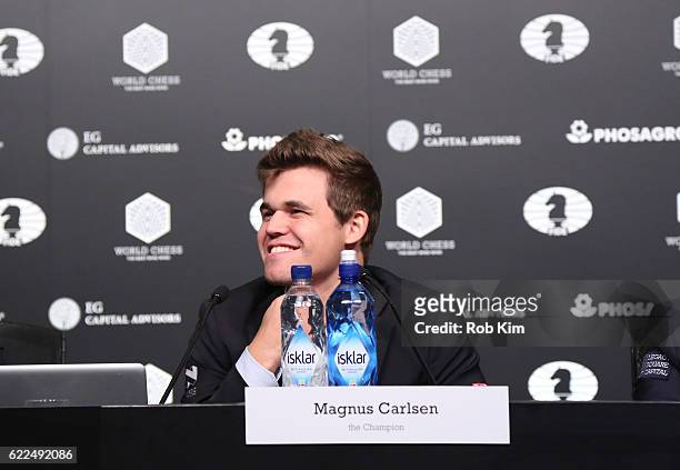 Reigning Chess Champion Magnus Carlsen speaks at a press conference during 2016 World Chess Championship at Fulton Market Building on November 11,...