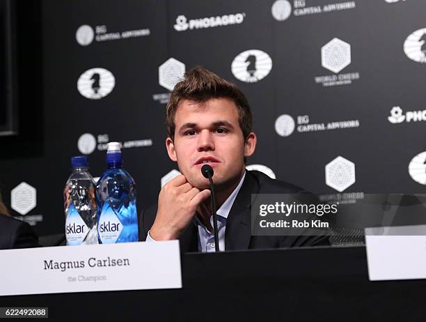 Reigning Chess Champion Magnus Carlsen speaks at a press conference during 2016 World Chess Championship at Fulton Market Building on November 11,...