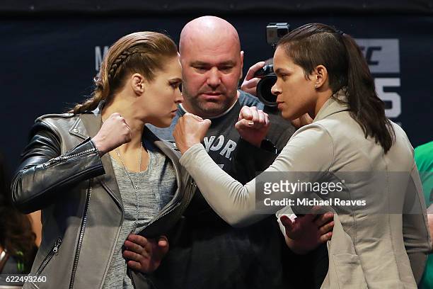 Women's Bantamweight Champion Amanda Nunes faces off with Ronda Rousey after UFC 205 Weigh-ins in preparation for their UFC 207 fight that will take...