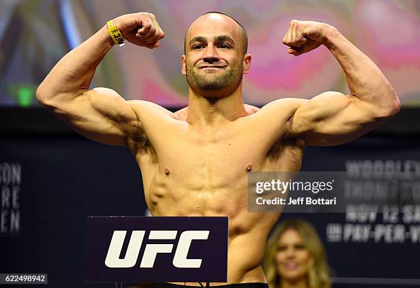 Lightweight champion Eddie Alvarez steps onto the scale during the UFC 205 weigh-in inside Madison Square Garden on November 11, 2016 in New York...