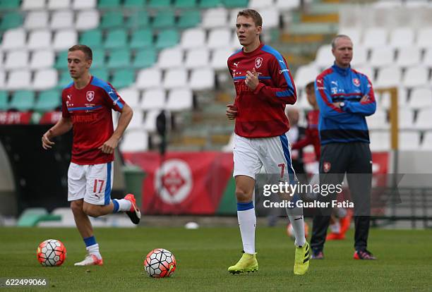 Czech Republic's midfielder Lukas Julis with Czech Republic's midfielder Martin Hasek before the start of the U21 Friendly match between Portugal and...