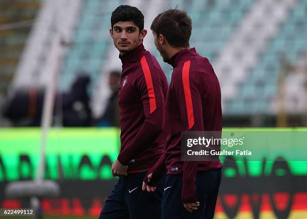 Portugal's forward Goncalo Guedes with Portugal's midfielder Iuri Medeiros before the start of the U21 Friendly match between Portugal and Czech...