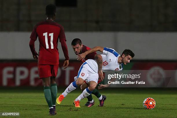 Czech Republic's midfielder Michal Travnik tackled by Portugal's defender Pedro Rebocho during U21 Friendly match between Portugal and Czech Republic...