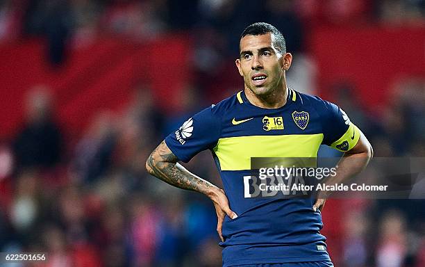 Carlos Tevez of Boca Juniors looks on during the match between Sevilla FC vs Boca Juniors as part of the friendly match "Trofeo Antonio Puerta" at...