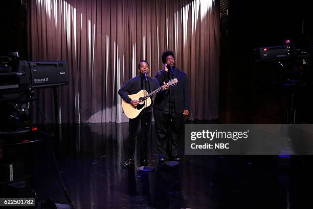 Episode 0018 -- Pictured: Kirk "Captain Kirk" Douglass and Ahmir "Questlove" Thompson as Black Simon and Garfunkel sing Lorde's hit song "Royals" on...