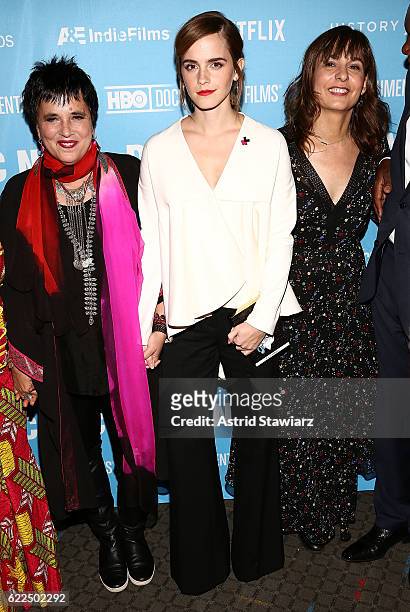 Writer Eve Ensler, actress Emma Watson and director Madeleine Gavin attend the 2016 DOC NYC - "City Of Joy" Premiere at SVA Theater on November 11,...