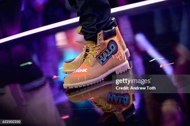 Nick Cannon, shoe detail, onstage during 2016 Nickelodeon HALO Awards at Basketball City - Pier 36 - South Street on November 11, 2016 in New York...