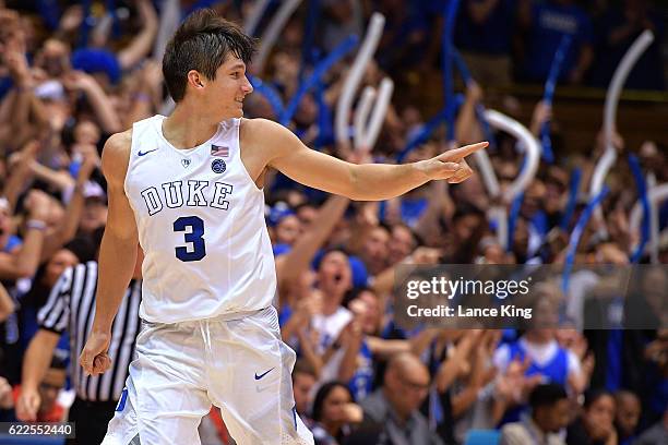 Grayson Allen of the Duke Blue Devils reacts during their game against the Marist Red Foxes at Cameron Indoor Stadium on November 11, 2016 in Durham,...