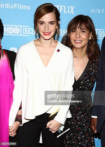 Actress Emma Watson and director Madeleine Gavin attend the 2016 DOC NYC - "City Of Joy" Premiere at SVA Theater on November 11, 2016 in New York...