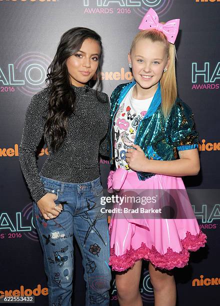 Actress Isabela Moner and JoJo Siwa attend the 2016 Nickelodeon HALO awards at Basketball City Pier 36 - South Street on November 11, 2016 in New...