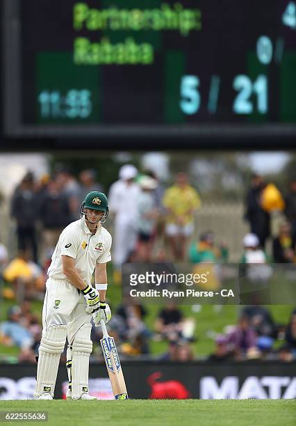 Steve Smith of Australia looks on as the score is 5/21 during day one of the Second Test match between Australia and South Africa at Blundstone Arena...