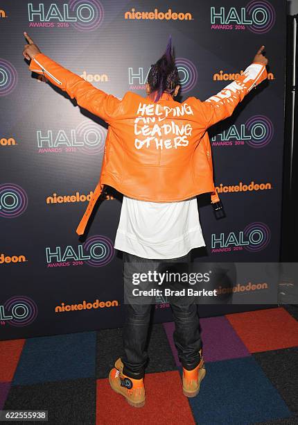 Host Nick Cannon poses backstage during the 2016 Nickelodeon HALO awards at Basketball City - Pier 36 - South Street on November 11, 2016 in New York...