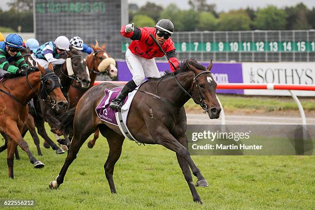 Jockey Racha Cuneen riding no 1 La Diosa celebrates winning race 7 44th NZ 1000 Guineas during New Zealand Cup Day at Riccarton Park Racecourse on...