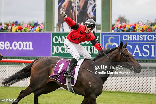 Jockey Racha Cuneen riding no 1 La Diosa celebrates winning race 7 44th NZ 1000 Guineas during New Zealand Cup Day at Riccarton Park Racecourse on...