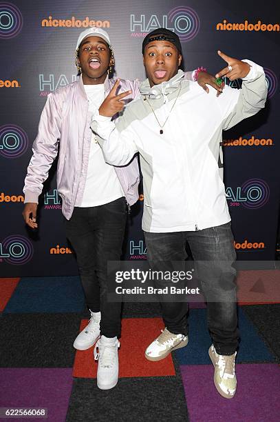Zay Hilfigerrr and Zayion McCall pose backstage during the 2016 Nickelodeon HALO awards at Basketball City - Pier 36 - South Street on November 11,...