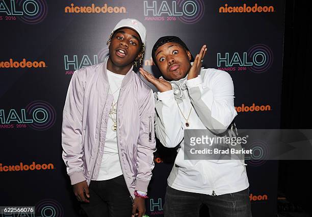 Zay Hilfigerrr and Zayion McCall pose backstage during the 2016 Nickelodeon HALO awards at Basketball City - Pier 36 - South Street on November 11,...