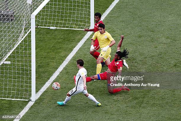 Marco Rojas of New Zealand scores the second goal during the 2018 FIFA World Cup Qualifier match between the New Zealand All Whites and New Caledonia...