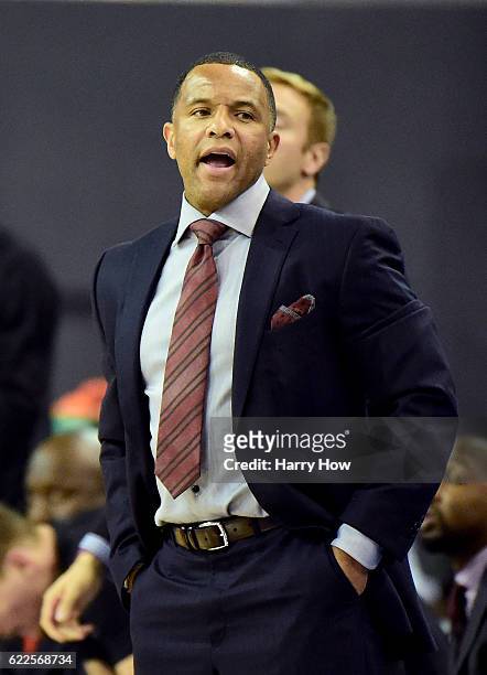 Head coach Damon Stoudamire of the Pacific Tigers reacts to a play against the UCLA Bruins during the first half at Pauley Pavilion on November 11,...