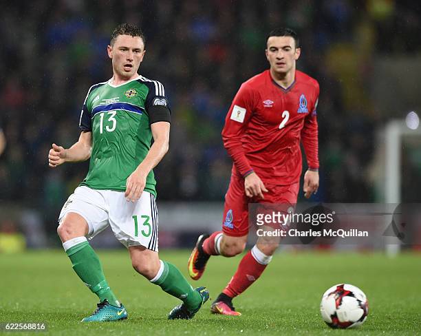 Corry Evans of Northern Ireland and Gara Garayev of Azerbaijan during the FIFA 2018 World Cup Qualifier between Northern Ireland and Azerbaijan at...