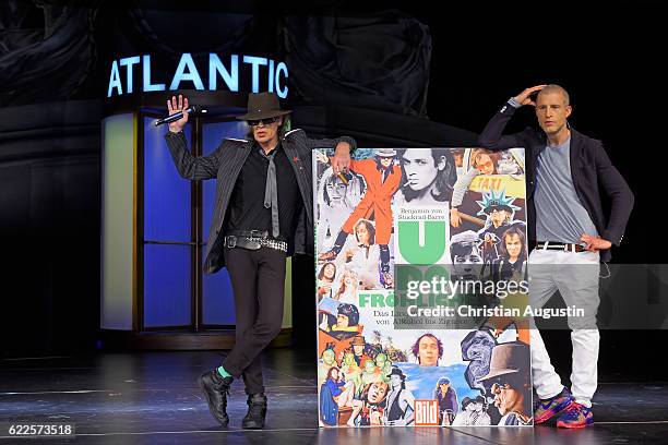 Udo Lindenberg and Benjamin von Stuckrad-Barre attend the presentation of the book 'Udo Froehliche: Das Lindenberg-Lexikon von Alkohol bis Zigarre'...