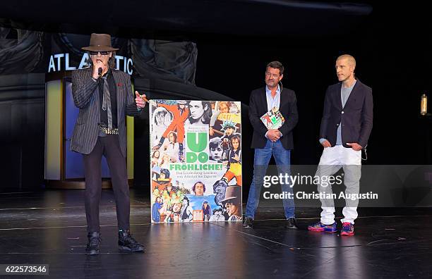 Udo Lindenberg, Kai Diekmann and Benjamin von Stuckrad-Barre attend the presentation of the book 'Udo Froehliche: Das Lindenberg-Lexikon von Alkohol...