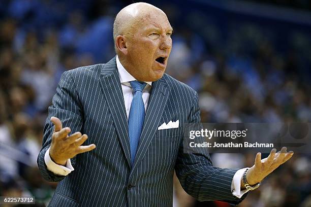 Head coach Mike Dunleavy, Sr. Of the Tulane Green Wave reacts during the first half of a game against the North Carolina Tar Heels at the Smoothie...