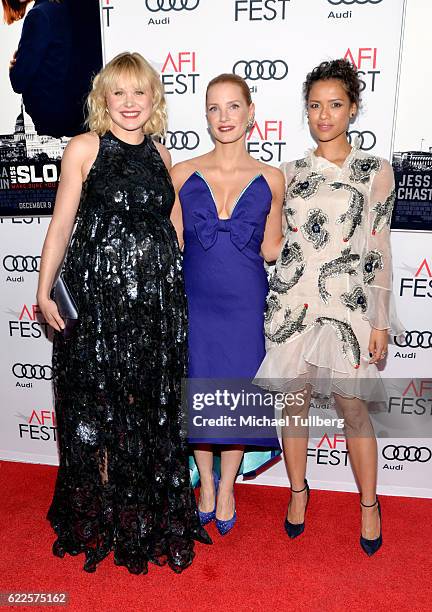 Actors Alison Pill, Jessica Chastain and Gugu Mbatha-Raw attend the premiere of EuropaCorp USA's 'Miss Sloane' at AFI Fest 2016, presented by Audi at...