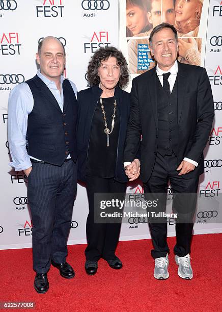 Writer Matthew Weiner, actress Lily Tomlin and director David O. Russell attend the premiere of Cinema's Legacy Conversation for 'Flirting With...