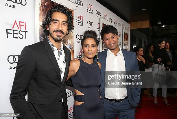 Acotr Dev Patel, actress Priyanka Bose and author Saroo Brierley attend the premiere of The Weinstein Company's 'Lion' at AFI Fest 2016 on November...