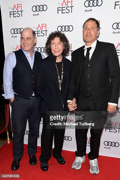 Writer Matthew Weiner, actress Lily Tomlin, and director David O. Russell attend the premiere of Cinema's Legacy Conversation for 'Flirting With...
