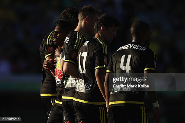 Roy Krishna of the Phoenix looks back at the goal from the defensive wall during the round six A-League match between the Central Coast Mariners and...