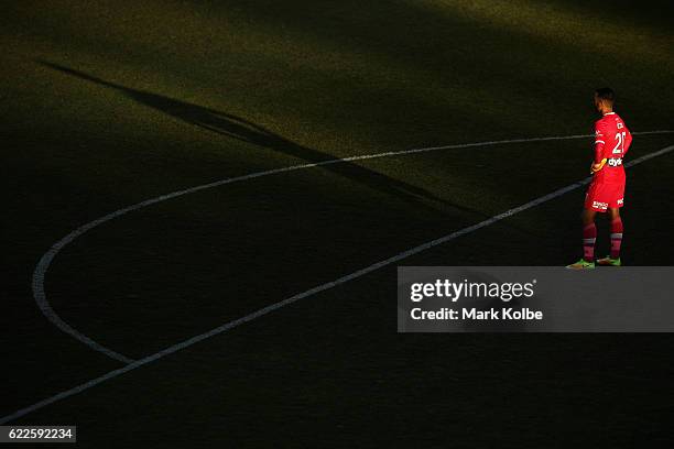 Paul Izzo of the Mariners looks dejected after a goal during the round six A-League match between the Central Coast Mariners and the Wellington...