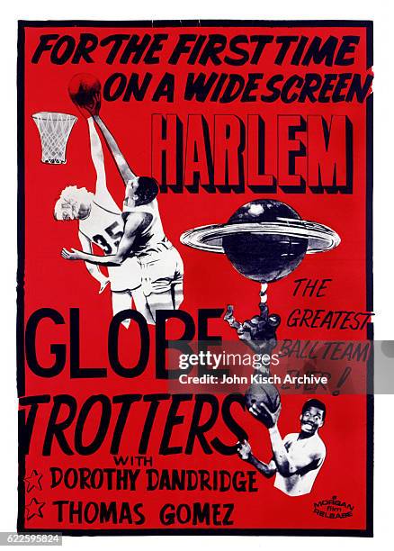 Movie poster advertises the Caribbean release of 'The Harlem Globetrotters,' starring Dorothy Dandridge, Bill Walker, and Thomas Gomez, 1951.