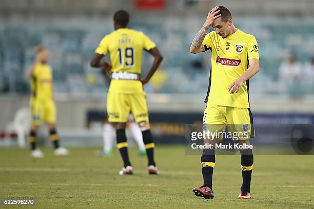Storm Roux of the Mariners looks dejected after defeat during the round six A-League match between the Central Coast Mariners and the Wellington...