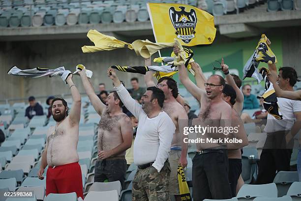 Phoenix supporters cheer during the round six A-League match between the Central Coast Mariners and the Wellington Phoenix at GIO Stadium on November...