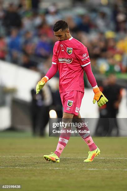 Paul Izzo of the Mariners looks dejected after defeat during the round six A-League match between the Central Coast Mariners and the Wellington...