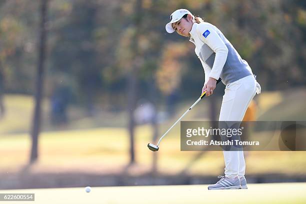 Ayaka Watanabe of Japan putts on the 18th green during the second round of the Itoen Ladies Golf Tournament 2016 at the Great Island Club on November...
