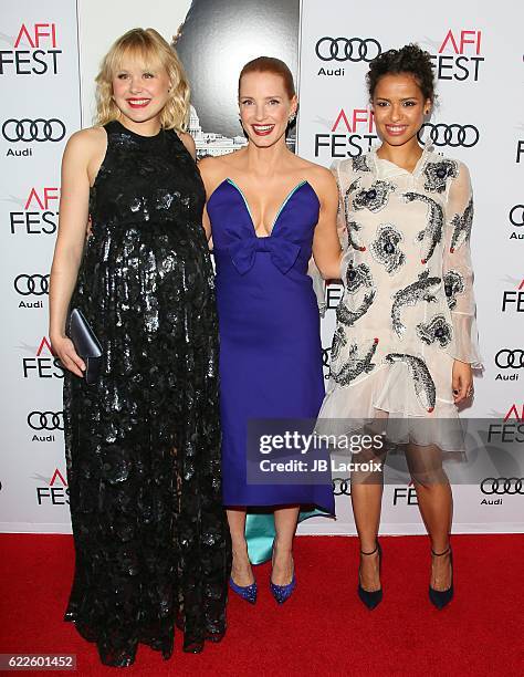 Alison Pill, Jessica Chastain, and Gugu Mbatha-Raw attend the premiere of EuropaCorp USA's 'Miss Sloane' at AFI Fest 2016, presented by Audi at TCL...
